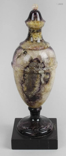 A 19th century Blue John pedestal urn, the ovoid urn