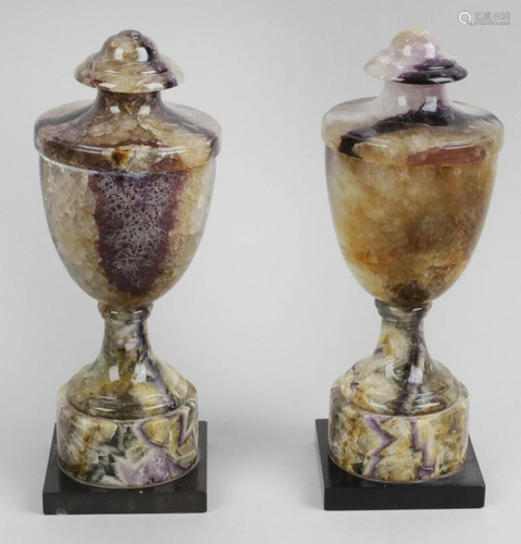 A pair of 19th century Blue John pedestal urns, each