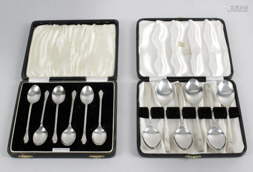 A 1920's cased set of six silver teaspoons with a pair