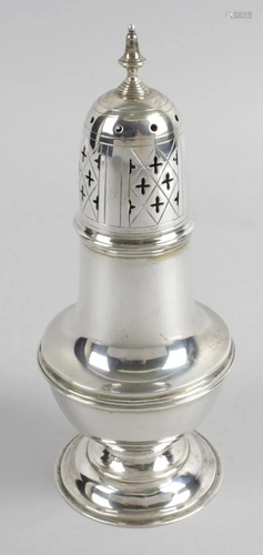 An Edwardian silver caster, the plain baluster body