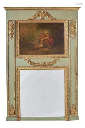 A green painted and parcel gilt trumeau mirror in 18th century style