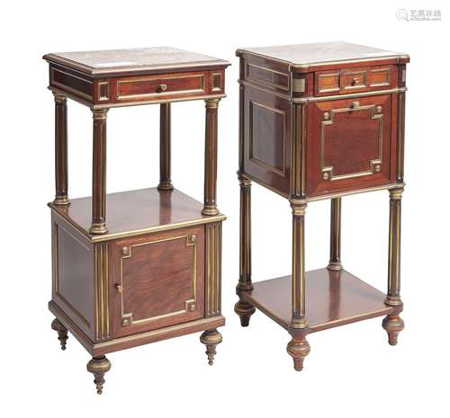 A companion pair of French mahogany and gilt metal mounted bedside tables in Napoleon III style