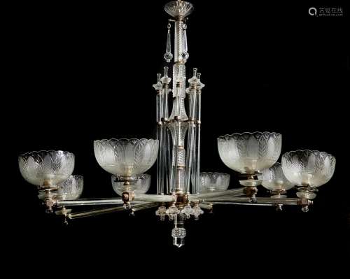 An Edwardian cut and moulded glass and silver plated metal mounted eight light gasolier by F & C Osl