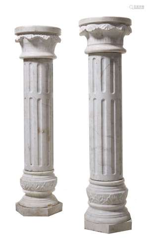 A pair of Continental, probably Italian, white marble columnar pedestals