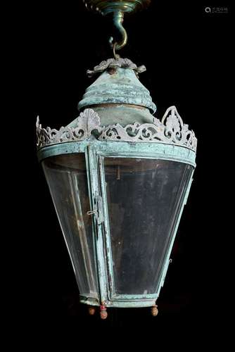 A verdigris patinated bronze and lead hall lantern