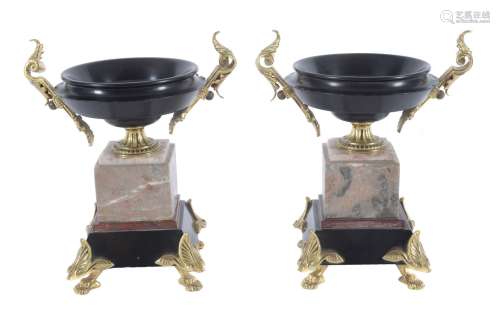 A pair of French gilt metal mounted sample marble tazzas
