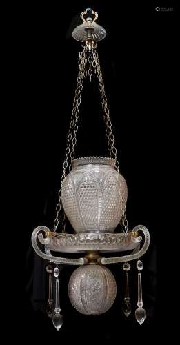 An unusual Edwardian cut and moulded glass pendant light fitment in the manner of Sanctuary lamps