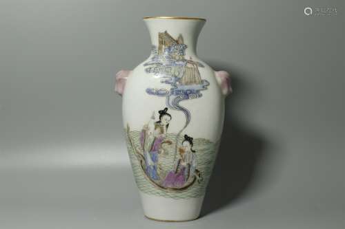 A Chinese Famille-Rose Porcelain Figure Story Double Handle Vase