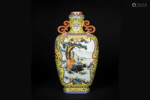 A Chinese Famille-Rose Porcelain Double Handle Vase
