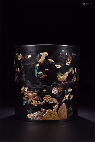 A Chinese Rosewood Flower And Birds Brush Pot