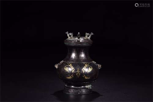 A Chinese Bronze And Gold Carved Dragon Lid Jar