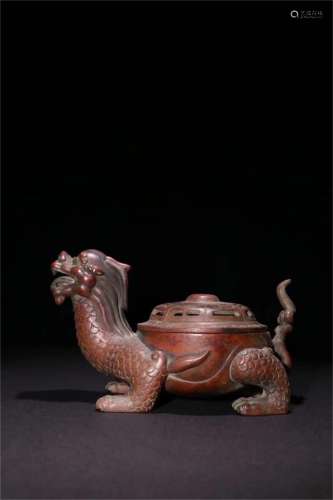 A Chinese Bronze Carved Dragon And Tortoise Incense Burner