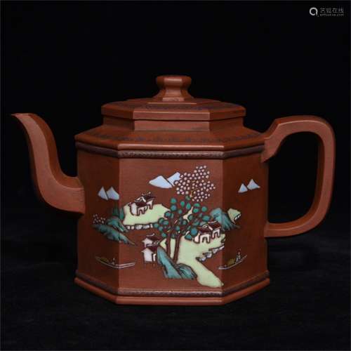 A Chinese Yixing Clay Hexagonal Tea Pot