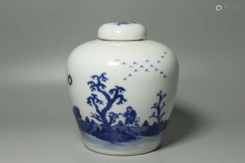 A Blue And White Porcelain Mountain Views Lidded Jar