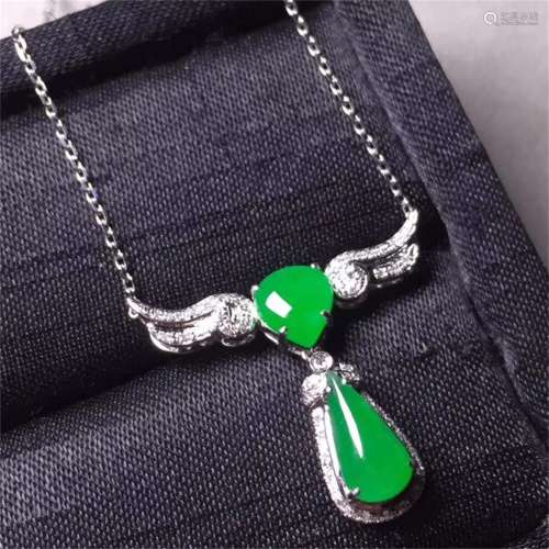 A Chinese Natural  Green Jadeite Water PEAR-CUT Necklace
