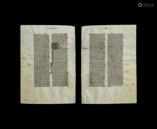 French Bible Manuscript Leaf with Illuminated Capital
