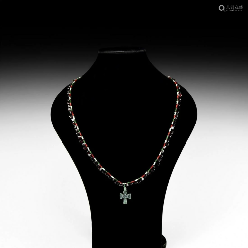 Gemstone Bead Necklace / Glass Cross Pendant