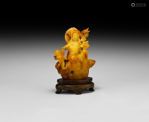 Chinese Amber Guanyin and Acolyte Carving