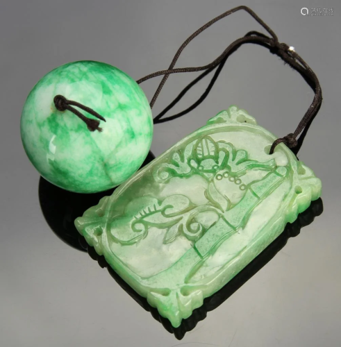 Chinese Carved Jadeite Bead and Pendant