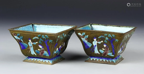 Chinese A Pair Of Enameled Copper Flower Pots