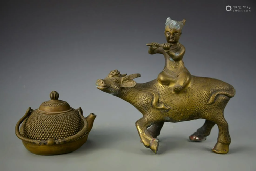 Chinese Brass Cow and Teapot