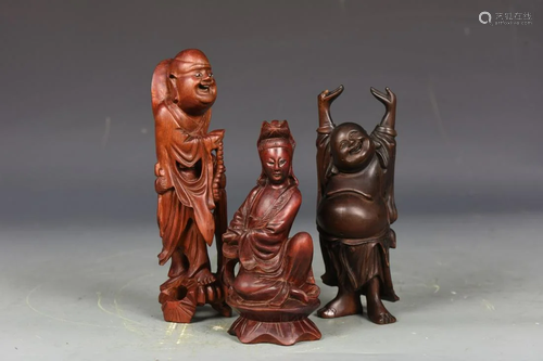 Chinese Three Wood Buddha Figures