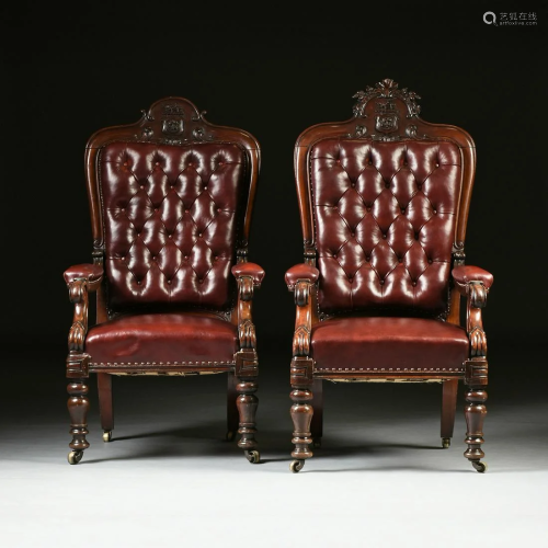 A PAIR OF EARLY VICTORIAN TUFTED LEATHER …