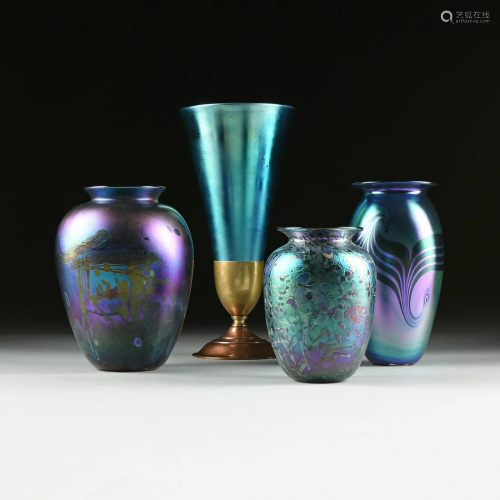 A GROUP OF FOUR BLUE IRIDESCENT ART GLASS …
