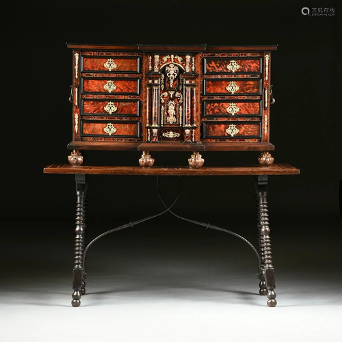 AN IBERIAN EBONIZED INLAID OAK AND FRUITWOO…