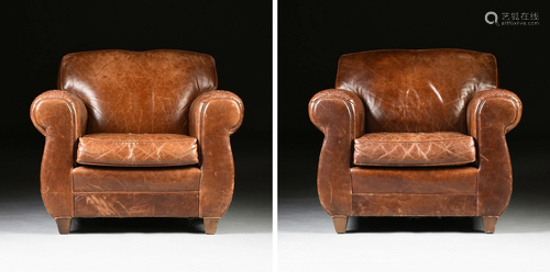 A PAIR OF OVERSTUFFED LEATHER ARMCHAIRS, MODER…