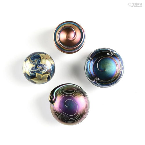 A GROUP OF FOUR IRIDESCENT SATIN GLASS PAP…