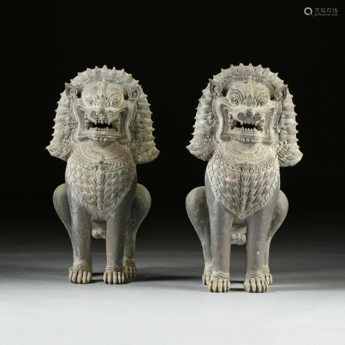 A PAIR OF THAI STYLE BRONZE GUARDIAN LIONS, …
