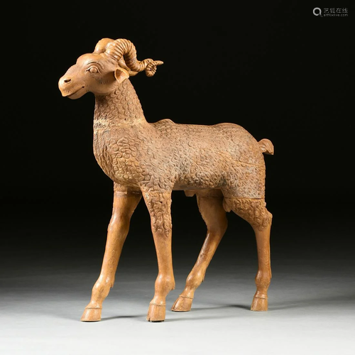 AN ANTIQUE CARVED WOOD GOAT SCULPTURE, 19…