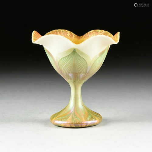 A QUEZAL ART GLASS FOOTED COMPOTE VASE, SI…