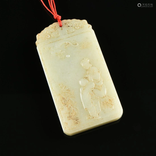 A QING DYNASTY CELADON JADE FIGURAL POE…