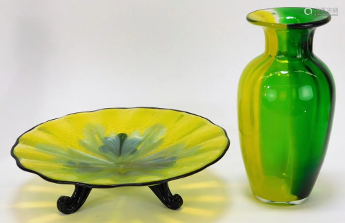 2PC RARE Loetz Green Perlglas Compote & Vase