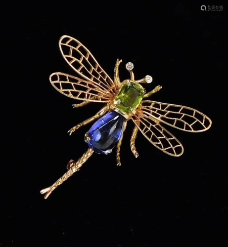 14K Gold Diamond Peridot Amethyst Dragonfly Br…