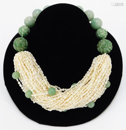 Chinese Qing Jadeite and Seed Pearl Necklace