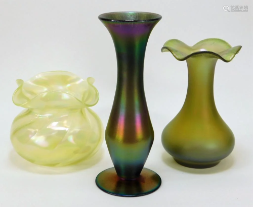 3 Attr. Loetz Iridescent Bohemian Art Glass Vases