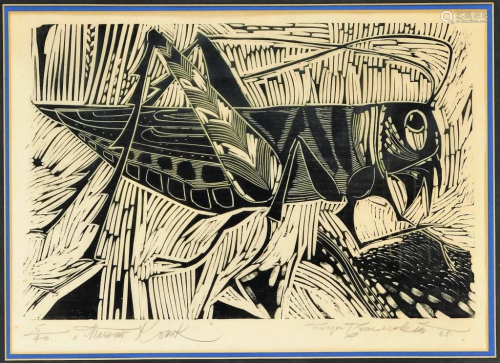 1968 Modernist Grasshopper Woodblock Print