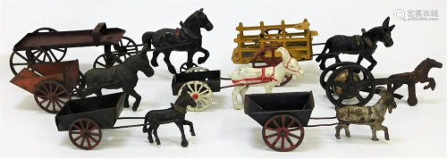 7 American Cast Iron Animal Drawn Carts Toys