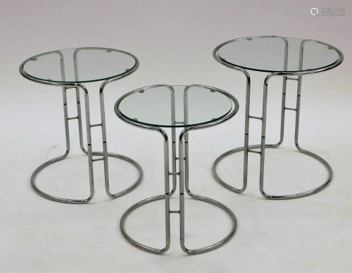 3PC Vintage Modern Chrome Glass Nesting Tables