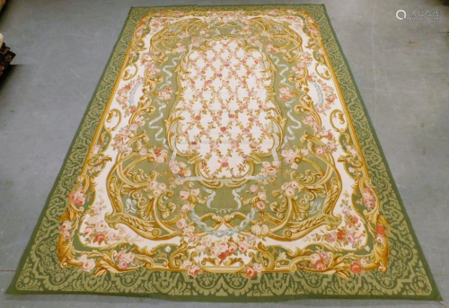 French Green Sino Aubusson Flat Weave Rug Textile