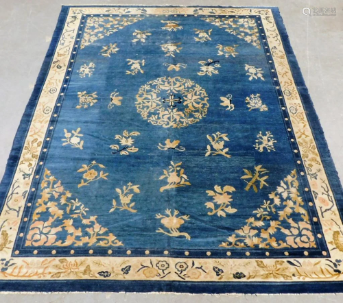 Antique Chinese Blue Pictorial Silk Carpet Rug
