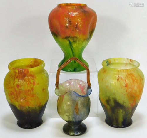 4PC Kralik Glue Chip Bohemian Art Glass Vase Group
