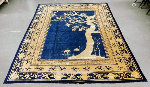 Antique Chinese Silk Blue & Ivory Pictorial Rug