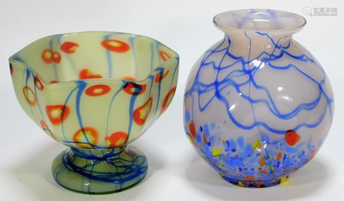 2 Kralik Bohemian Czech Art Glass Vase & Compote