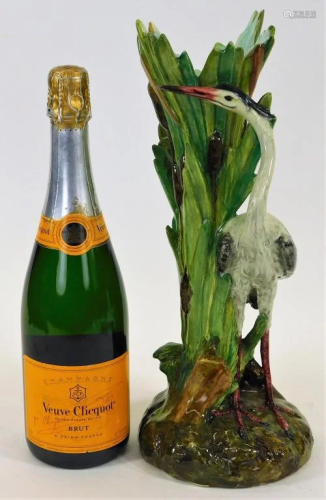 Delphin Massier French Majolica Heron Cattail Vase