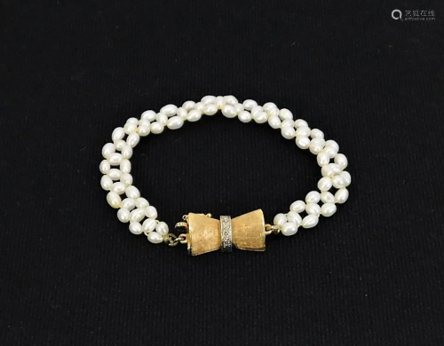 14K Lady's Gold Pearl Diamond Bracelet