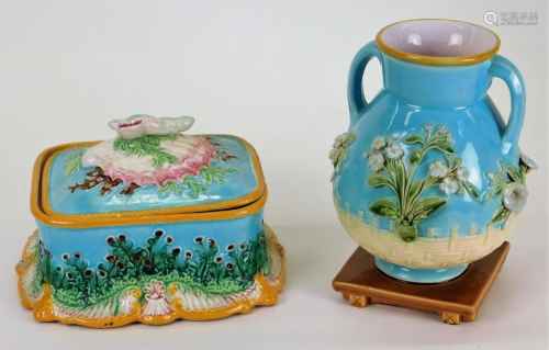 2PC George Jones and Minton Majolica Vase and Box